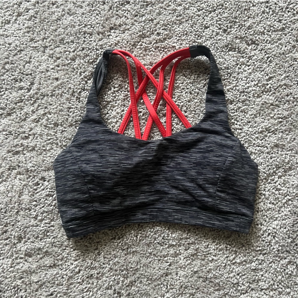 Lululemon Free to be Serene Sports Bra - grey with coral straps